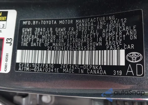 2012 Toyota Corolla Le from USA, damaged, VIN 2T1BU4EE6CC845986